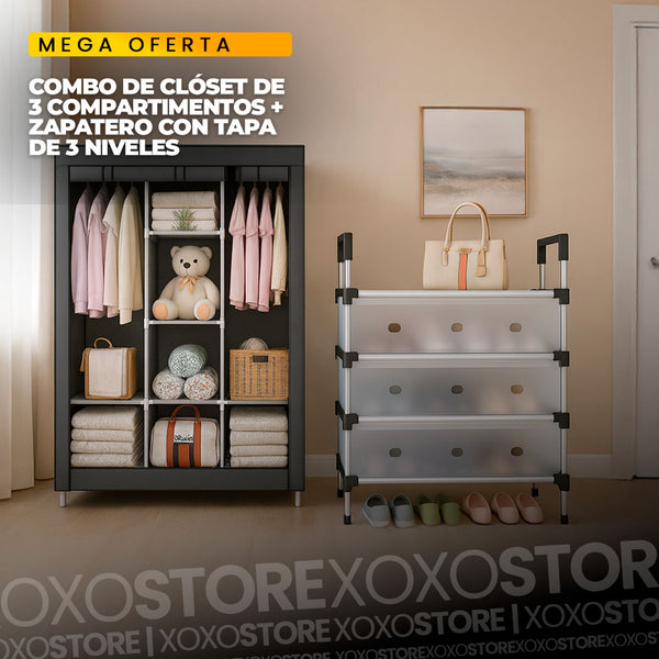 Super combo Closet de 3 compartimiento ➕ zapatero de 3 niveles con tapa