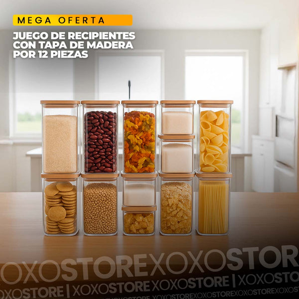 Juego de recipientes x12 unidades tapa de madera