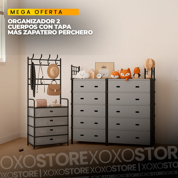 Super combo organizador de 2 cuerpos con tapa mas zapatero perchero