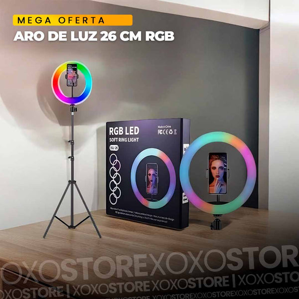 ARO DE LUZ DE 26 CM MULTICOLOR + TRIPODE DE 2,10 MTS